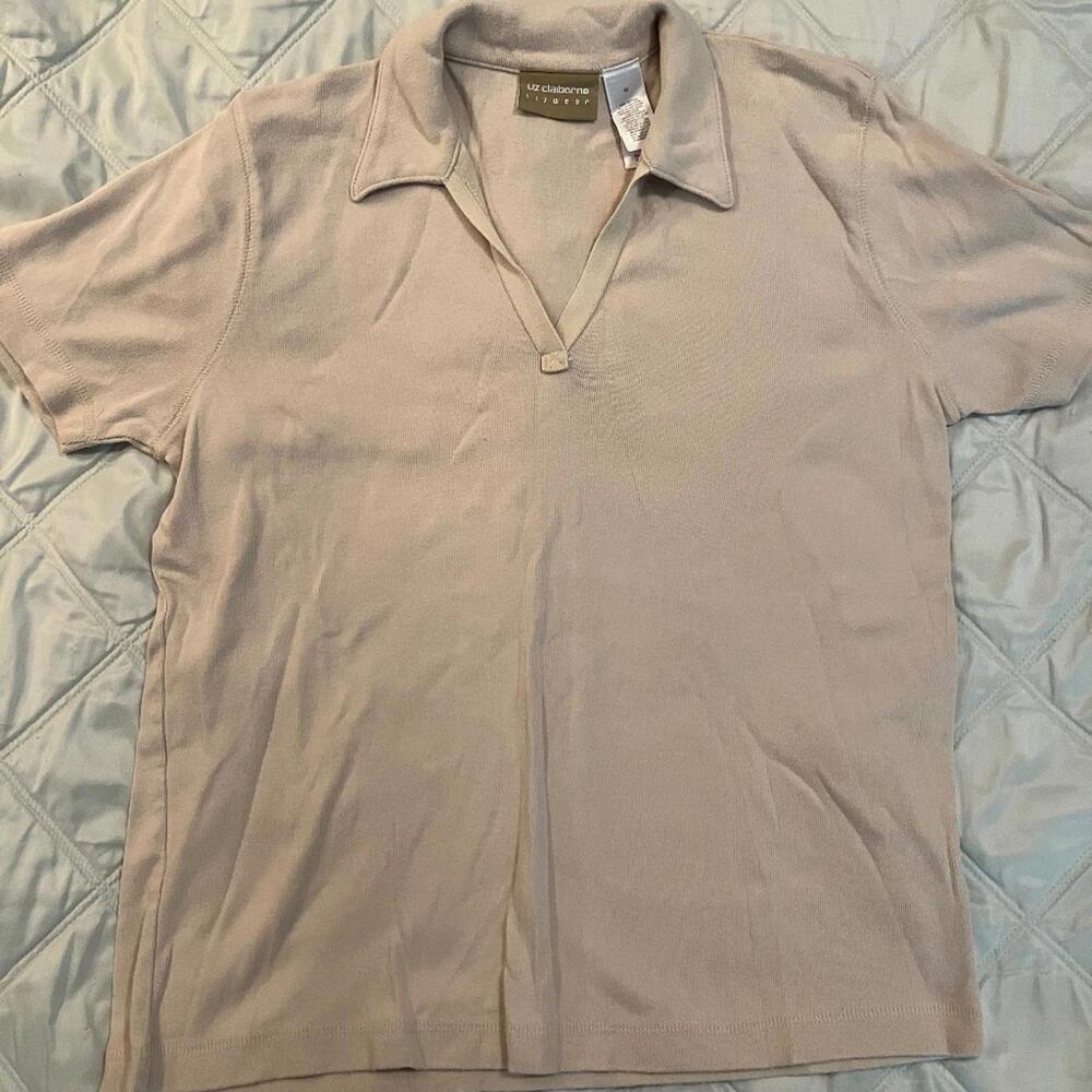 LIZ CLAIBORNE Tan Collared T-Shirt Comfy M 100% Cotton Short Sleeve Polo V Neck
